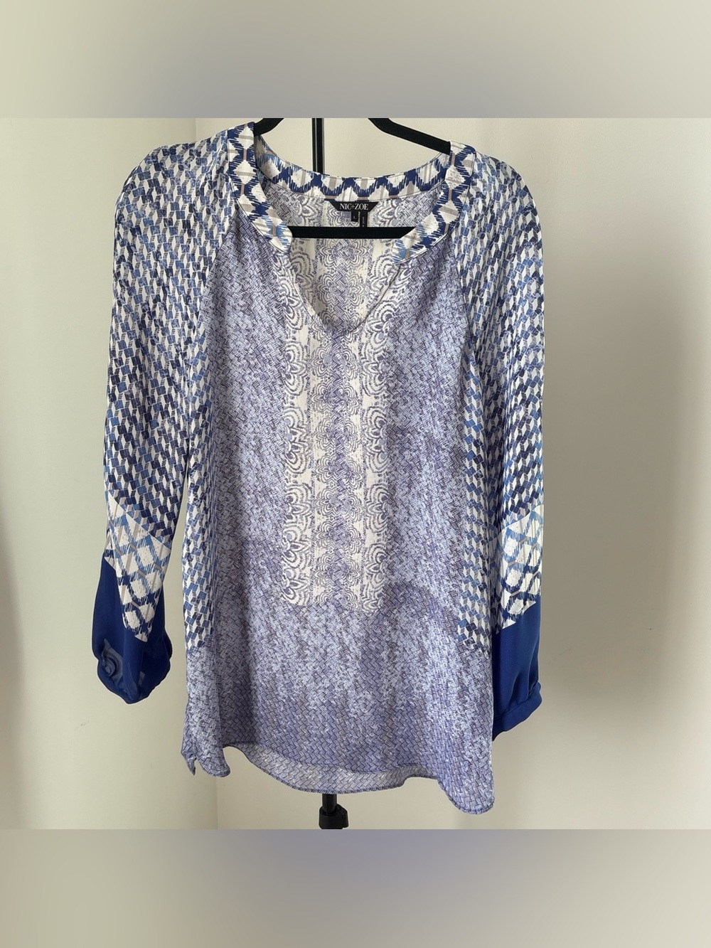 NIC+ZOE Blue and White Printed Sheer Tunic Blouse